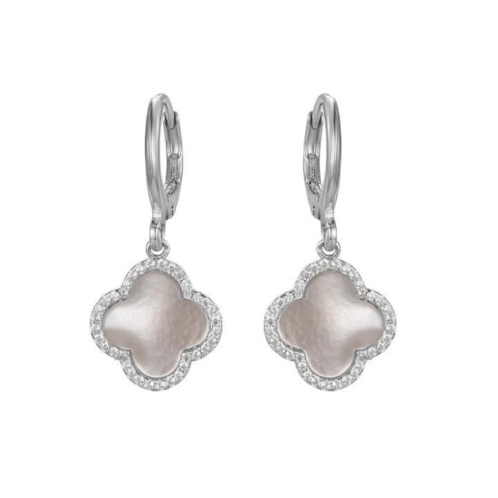 925 Sterling Silver CZ Mother of Pearl Clover Hoops