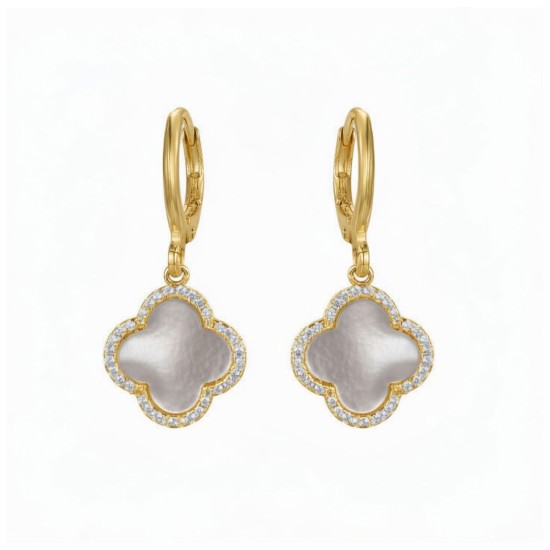 925 Sterling Silver Gold Plated CZ Mother of Pearl Clover Hoops