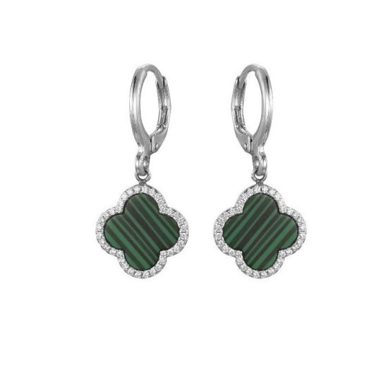 925 Sterling Silver CZ Green Clover Hoops
