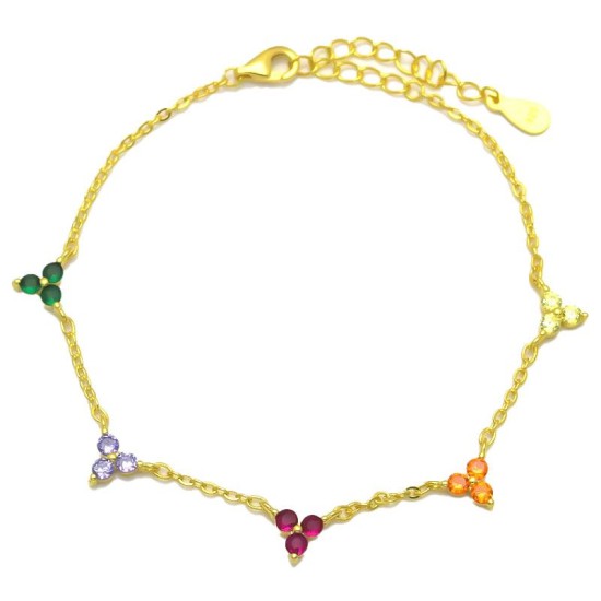 925 Sterling Silver 14K Gold Plated Multi CZ Clover Bracelet
