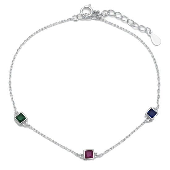 925 Sterling Silver Multi CZ Square Station Bracelet