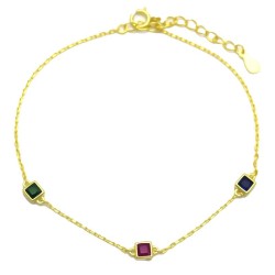 925 Sterling Silver 14K Gold Plated Multi CZ Square Bracelet