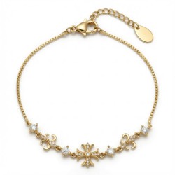 925 Sterling Silver 14K Gold Plated CZ Fleur Cross Bracelet