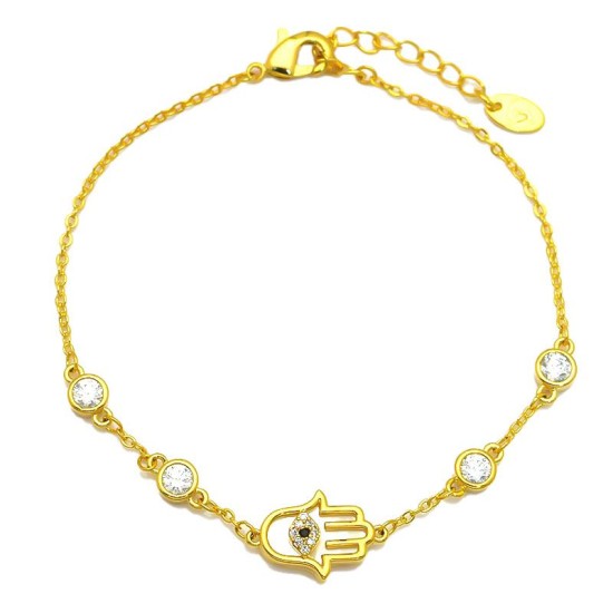 925 Sterling Silver 14K Gold Plated CZ Hamsa Bracelet