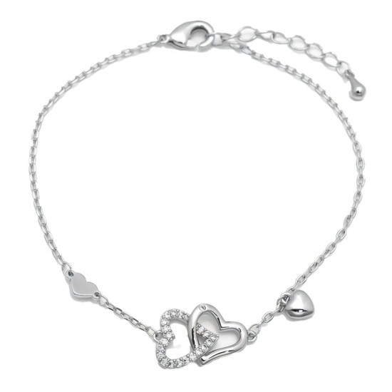 925 Sterling Silver CZ Double Heart Bracelet