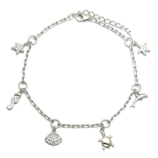 925 Sterling Silver CZ Sea Life Charm Bracelet