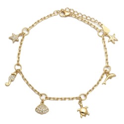 925 Sterling Silver 14K Gold Plated CZ Sea Life Charm Bracelet