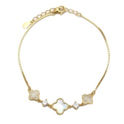 925 Sterling Silver 14K Gold Plated Mother of Pearl Clover Bracelet