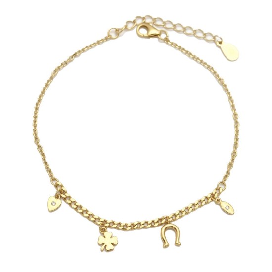 925 Sterling Silver 14K Gold Plated Clover Horseshoe Charm Bracelet
