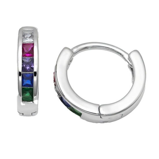925 Sterling Silver Rainbow CZ Hoop Earrings
