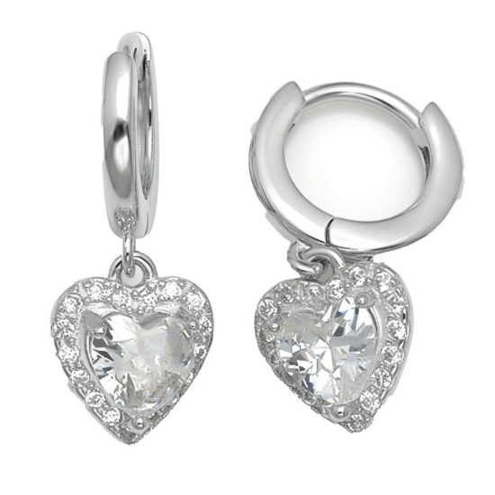 925 Sterling Silver CZ Heart Drop Hoop Earrings
