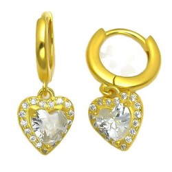 925 Sterling Silver 14K Gold Plated CZ Heart Drop Hoop Earrings