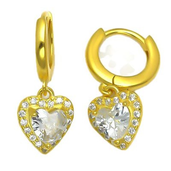 925 Sterling Silver 14K Gold Plated CZ Heart Drop Hoop Earrings