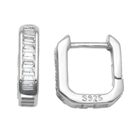 925 Sterling Silver Baguette CZ Square Hoops
