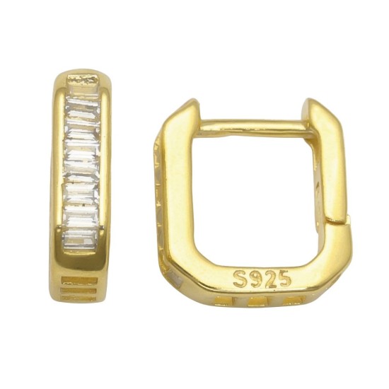 925 Sterling Silver 14K Gold Plated Baguette CZ Square Hoops