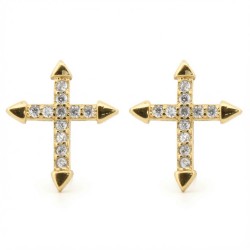 925 Sterling Silver 14k Gold Plated CZ Set Cross Studs