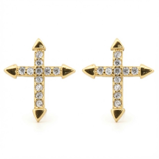 925 Sterling Silver 14k Gold Plated CZ Set Cross Studs