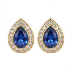 925 Sterling Silver 14k Gold Plated Pear Shape Studs Sapphire Centre CZ