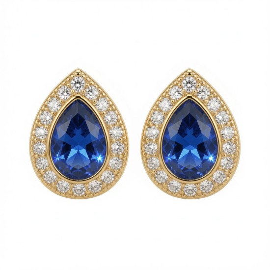 925 Sterling Silver 14k Gold Plated Pear Shape Studs Sapphire Centre CZ