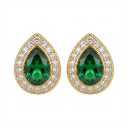 925 Sterling Silver 14k Gold Plated Pear Shape Studs Emerald Centre CZ