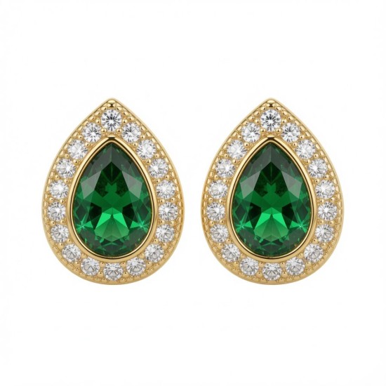 925 Sterling Silver 14k Gold Plated Pear Shape Studs Emerald Centre CZ