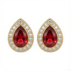 925 Sterling Silver 14k Gold Plated Pear Shape Studs Ruby Centre CZ