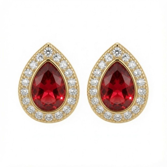 925 Sterling Silver 14k Gold Plated Pear Shape Studs Ruby Centre CZ