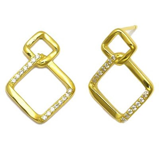 925 Sterling Silver 14K Gold Plated CZ Square Knot Earrings