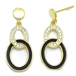 925 Sterling Silver 14K Gold Plated CZ Black Enamel Linked Drop Earrings
