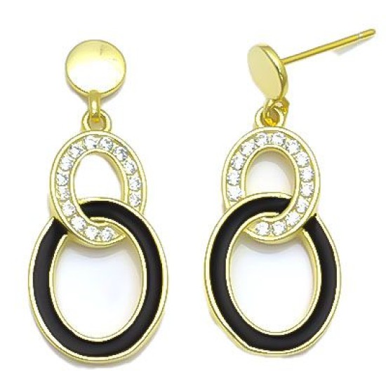 925 Sterling Silver 14K Gold Plated CZ Black Enamel Linked Drop Earrings