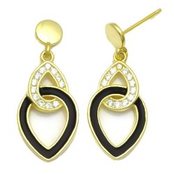 925 Sterling Silver 14K Gold Plated CZ Black Enamel Linked Teardrop Earrings