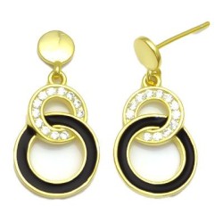 925 Sterling Silver 14K Gold Plated CZ Black Enamel Linked Circle Drop Earrings