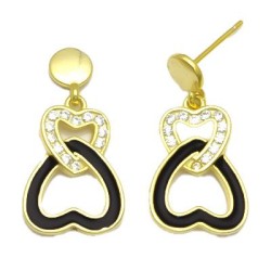 925 Sterling Silver 14K Gold Plated CZ Black Enamel Heart Linked Drop Earrings