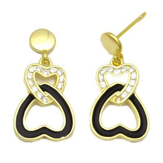 925 Sterling Silver 14K Gold Plated CZ Black Enamel Heart Linked Drop Earrings