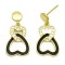 925 Sterling Silver 14K Gold Plated CZ Black Enamel Heart Linked Drop Earrings