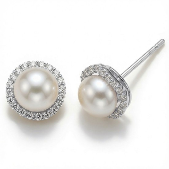 925 Sterling Silver Pearl CZ Halo Stud Earrings