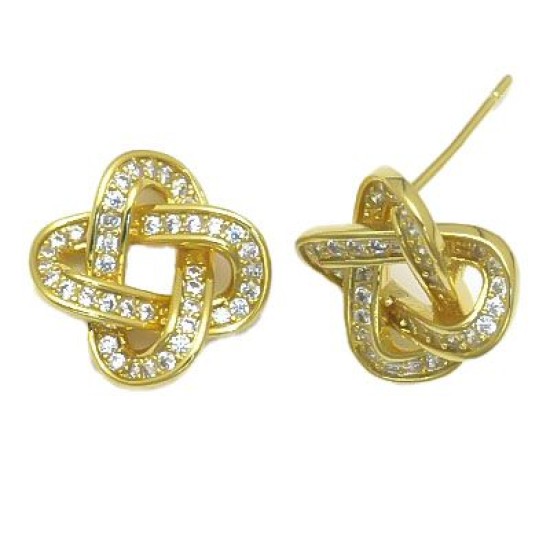 925 Sterling Silver 14K Gold Plated CZ Love Knot Stud Earrings