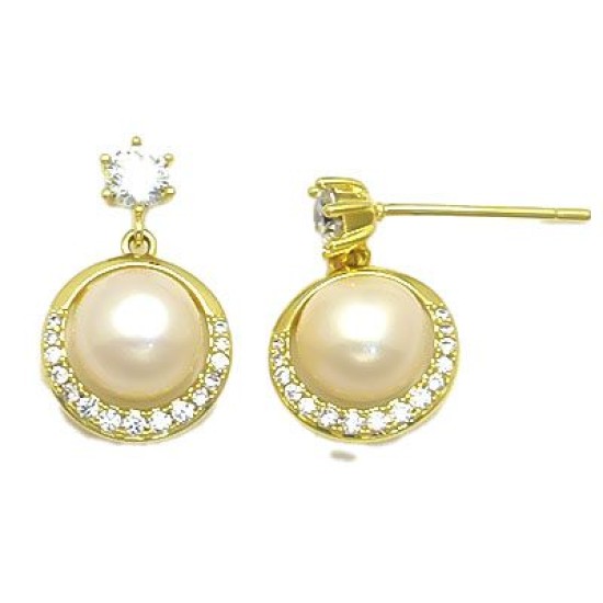 925 Sterling Silver 14K Gold Plated Pearl CZ Drop Earrings