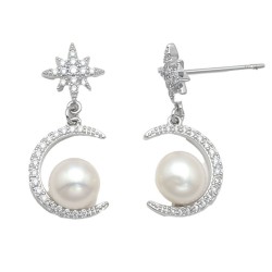 925 Sterling Silver Pearl CZ Star Moon Drop Earrings