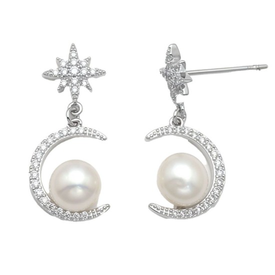 925 Sterling Silver Pearl CZ Star Moon Drop Earrings