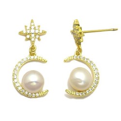 925 Sterling Silver 14K Gold Plated Pearl CZ Star Moon Drop Earrings