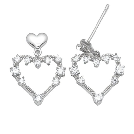 925 Sterling Silver CZ Heart Drop Earrings