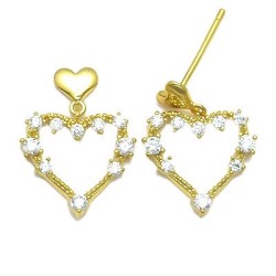 925 Sterling Silver 14K Gold Plated CZ Heart Drop Earrings