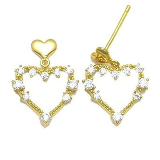 925 Sterling Silver 14K Gold Plated CZ Heart Drop Earrings
