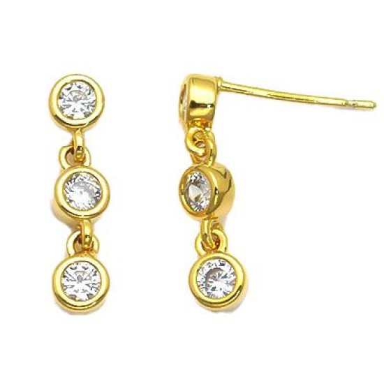 925 Sterling Silver 14K Gold Plated CZ Triple Drop Earrings