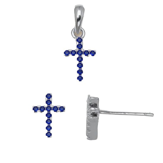 925 Sterling Silver Blue CZ Cross Stud Earrings
