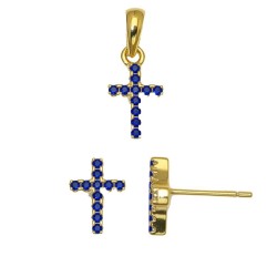 925 Sterling Silver 14K Gold Plated Blue CZ Cross Stud Earrings