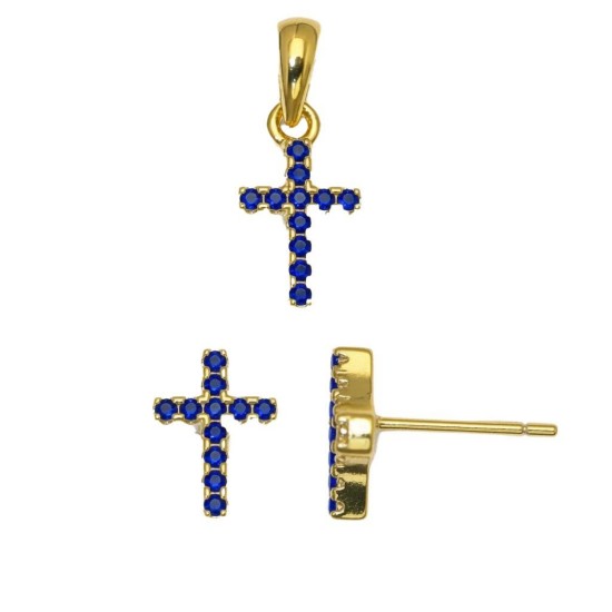 925 Sterling Silver 14K Gold Plated Blue CZ Cross Stud Earrings