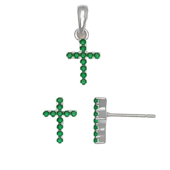 925 Sterling Silver Green CZ Cross Stud Earrings