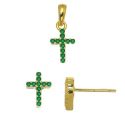 925 Sterling Silver 14K Gold Plated Green CZ Cross Stud Earrings